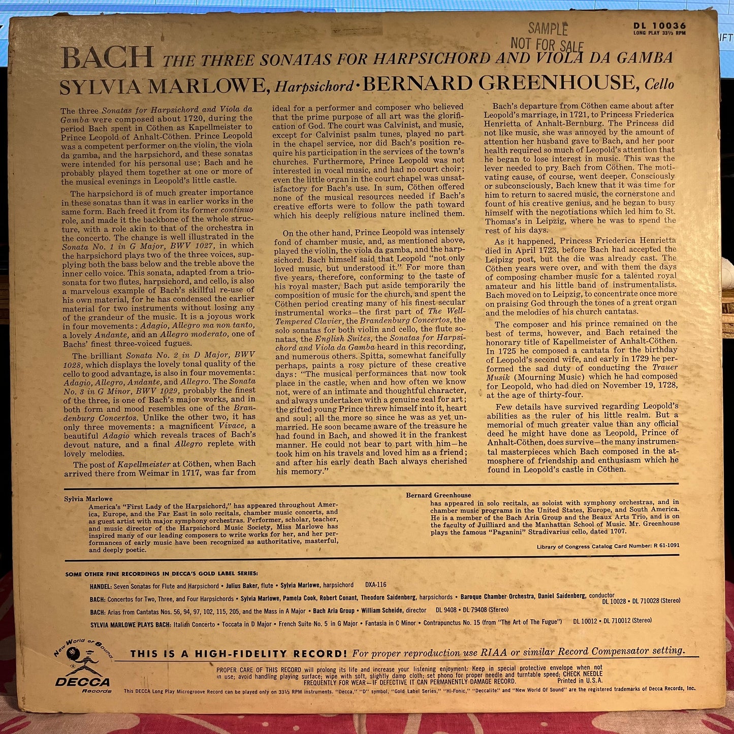 The Three Sonatas For Harpsichord And Viola Da Gamba | Excellent (EX) Very Good Plus (VG+) Get Cheap Vinyl