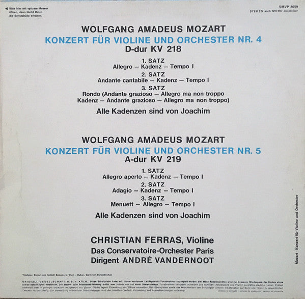 Violinkonzerte Nr. 4 D-Dur KV 218 Und Nr.5 A-Dur KV 219 *GERMANY* | Near Mint (NM) Excellent (EX) Get Cheap Vinyl
