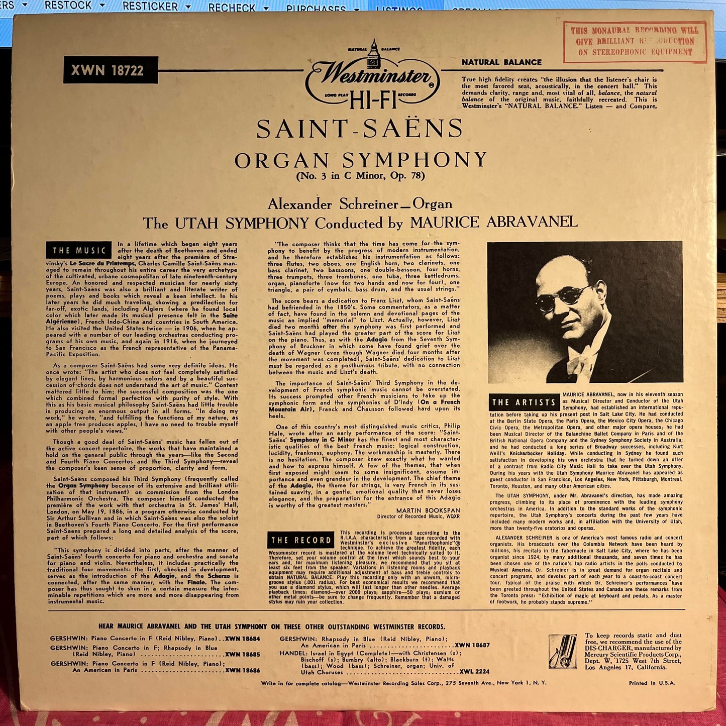 Organ Symphony No.3, C Minor, Op.78 | Near Mint (NM) Near Mint (NM) Get Cheap Vinyl