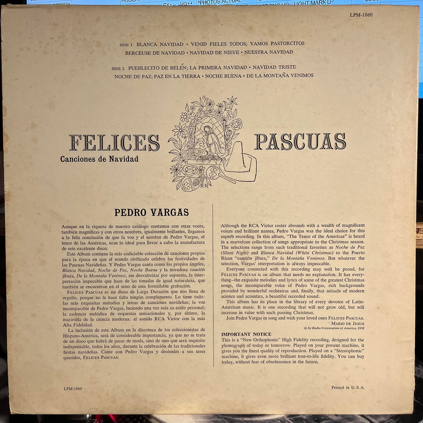 Felices Pascuas - Canciones De Navidad por Pedro Vargas | Very Good (VG) Excellent (EX) Get Cheap Vinyl