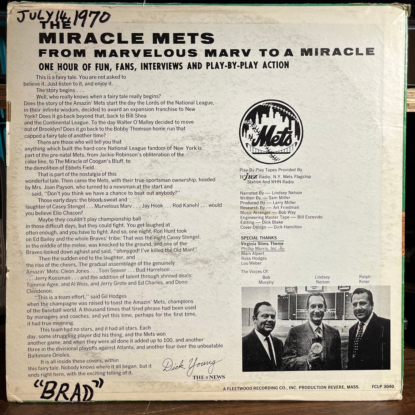 The Miracle Mets - From Marvelous Marv To A Miracle In Play-By-Play Action (VINYL) | Near Mint- (NM-) Excellent (EX) Get Cheap Vinyl