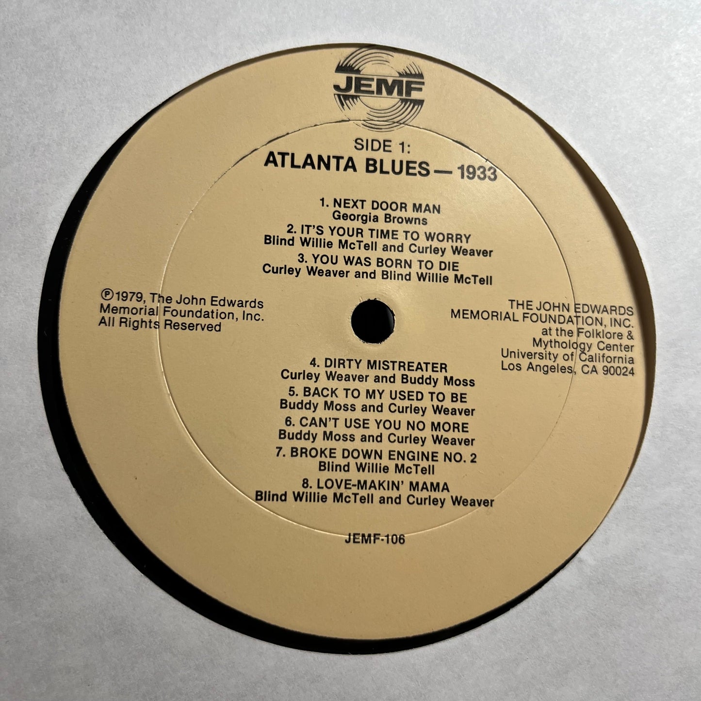 Atlanta Blues 1933 (VINYL) | Excellent (EX) Very Good Plus (VG+) Get Cheap Vinyl