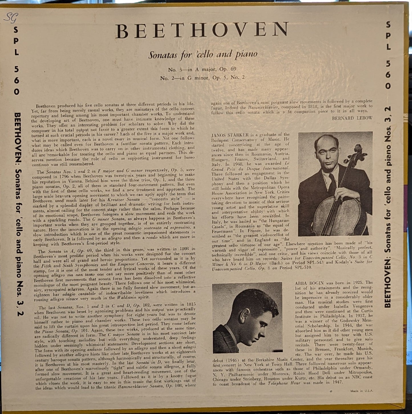 Sonatas For 'Cello and Piano | Excellent (EX) Near Mint (NM) Get Cheap Vinyl