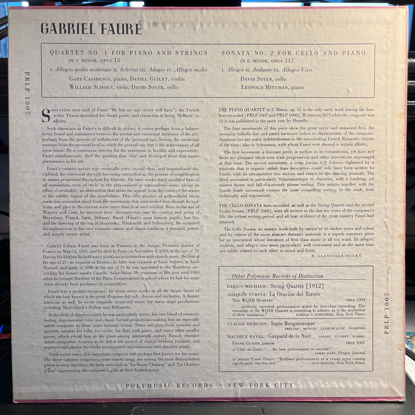 Quartet No. 1 For Piano And Strings In C Minor, Opus 15 / Sonata No. 2 For Cello And Piano In G Minor, Opus 117 | Excellent (EX) Very Good Plus (VG+) Get Cheap Vinyl