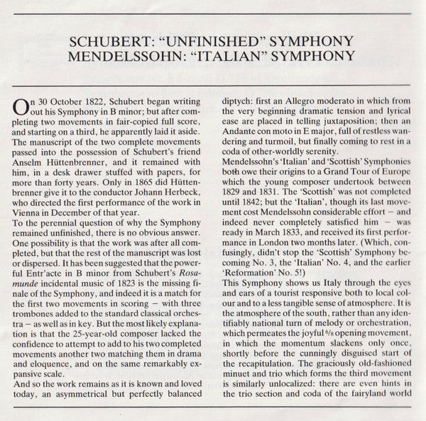 Schubert: Symphony No.8 "Unfinished" / Mendelssohn: Symphony No.4 "Italian" (CD) | Near Mint (NM) Near Mint (NM) Get Cheap Vinyl
