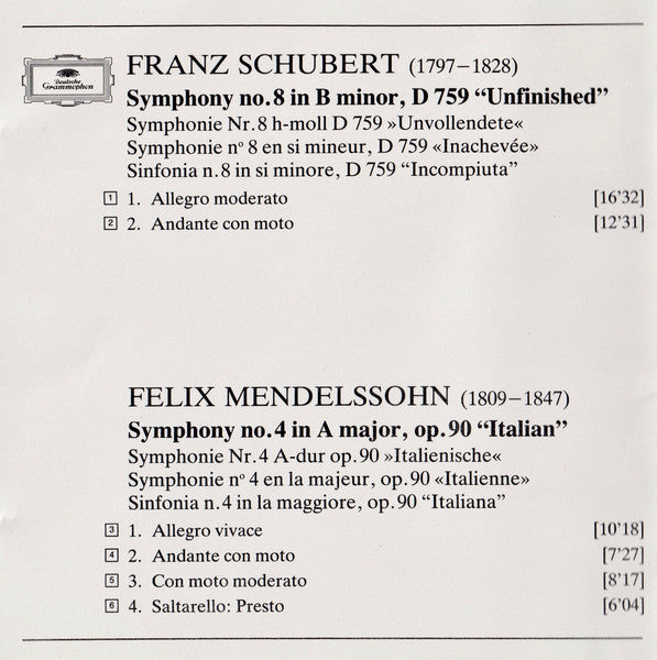 Schubert: Symphony No.8 "Unfinished" / Mendelssohn: Symphony No.4 "Italian" (CD) | Near Mint (NM) Near Mint (NM) Get Cheap Vinyl