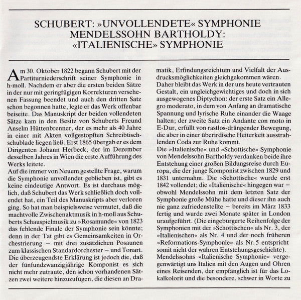 Schubert: Symphony No.8 "Unfinished" / Mendelssohn: Symphony No.4 "Italian" (CD) | Near Mint (NM) Near Mint (NM) Get Cheap Vinyl