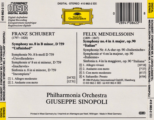 Schubert: Symphony No.8 "Unfinished" / Mendelssohn: Symphony No.4 "Italian" (CD) | Near Mint (NM) Near Mint (NM) Get Cheap Vinyl