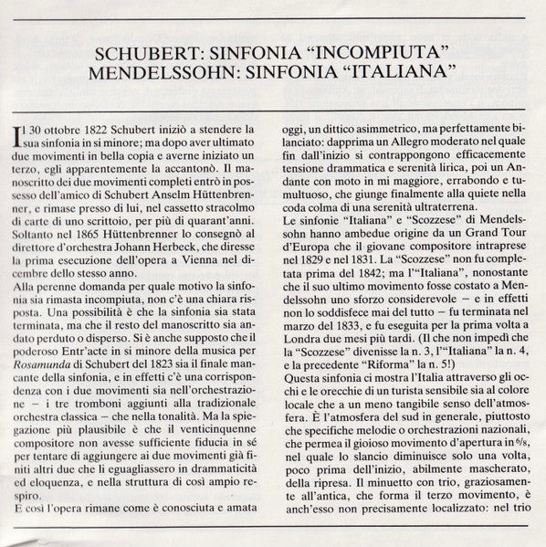 Schubert: Symphony No.8 "Unfinished" / Mendelssohn: Symphony No.4 "Italian" (CD) | Near Mint (NM) Near Mint (NM) Get Cheap Vinyl