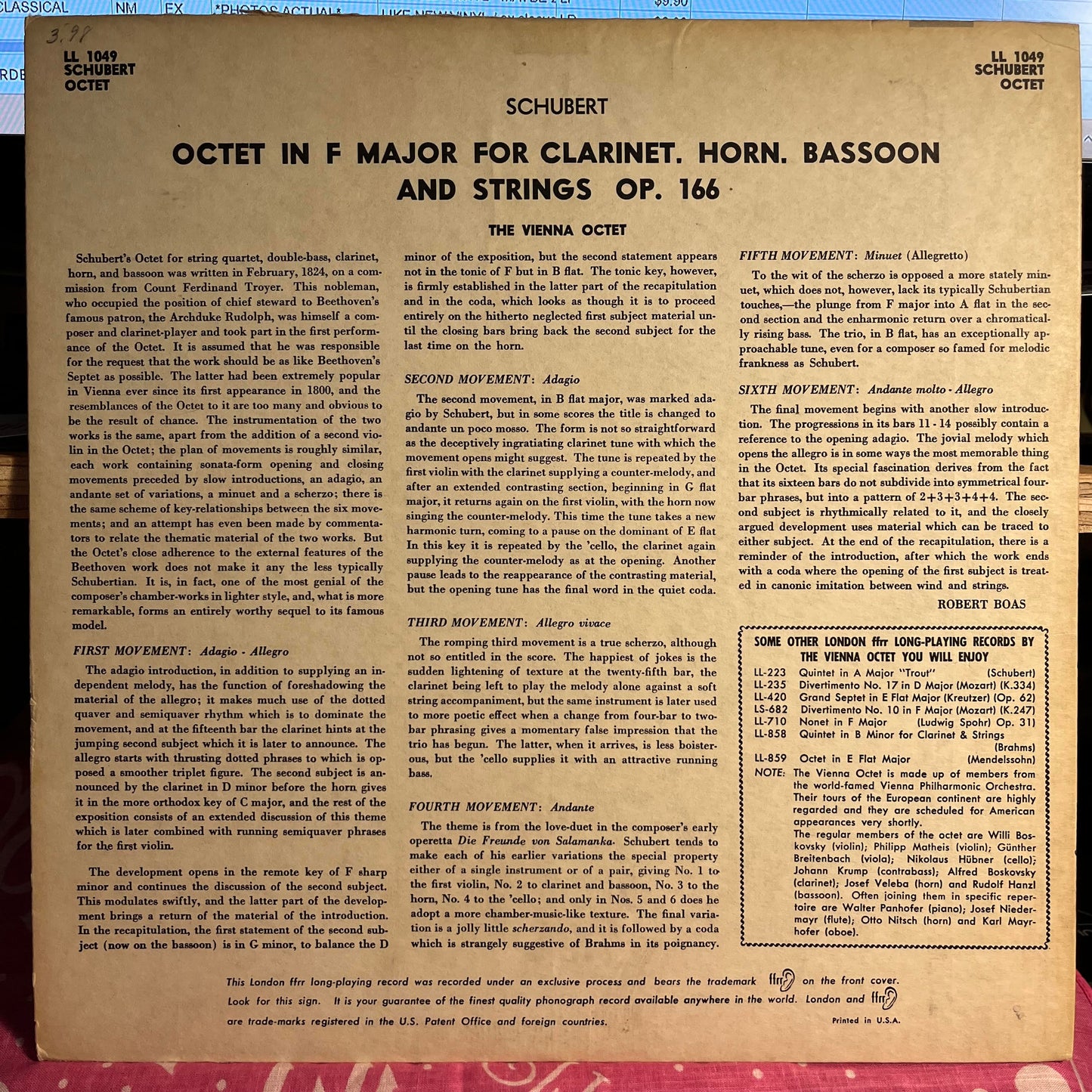 Octet In F Major Opus 166 For Clarinet, Horn, Bassoon And Strings | Near Mint (NM) Excellent (EX) Get Cheap Vinyl
