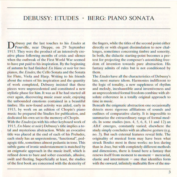 Debussy: 12 Etudes / Berg: Sonate Op. 1 (CD) | Near Mint (NM) Near Mint (NM or M-) Get Cheap Vinyl