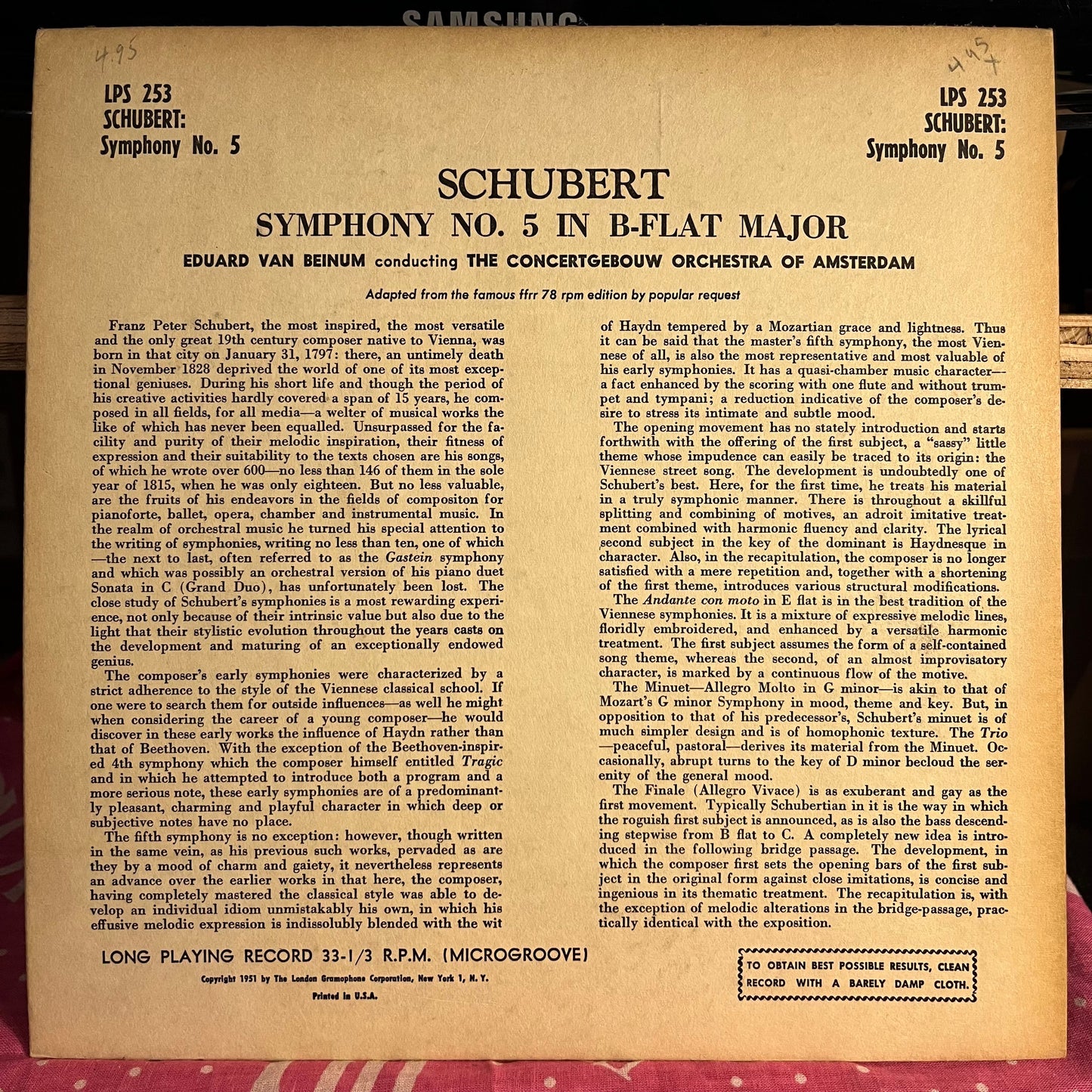 Schubert Symphony No. 5 in B. Flat Major 10" | Very Good (VG) Excellent (EX) Get Cheap Vinyl