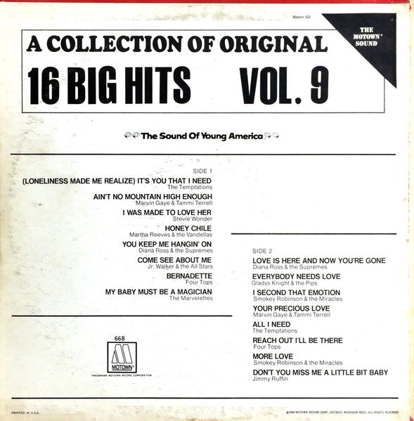The Motown Sound (A Collection Of 16 Original Hits Vol. 9) (VINYL) | Excellent (EX) Very Good Plus (VG+) Get Cheap Vinyl