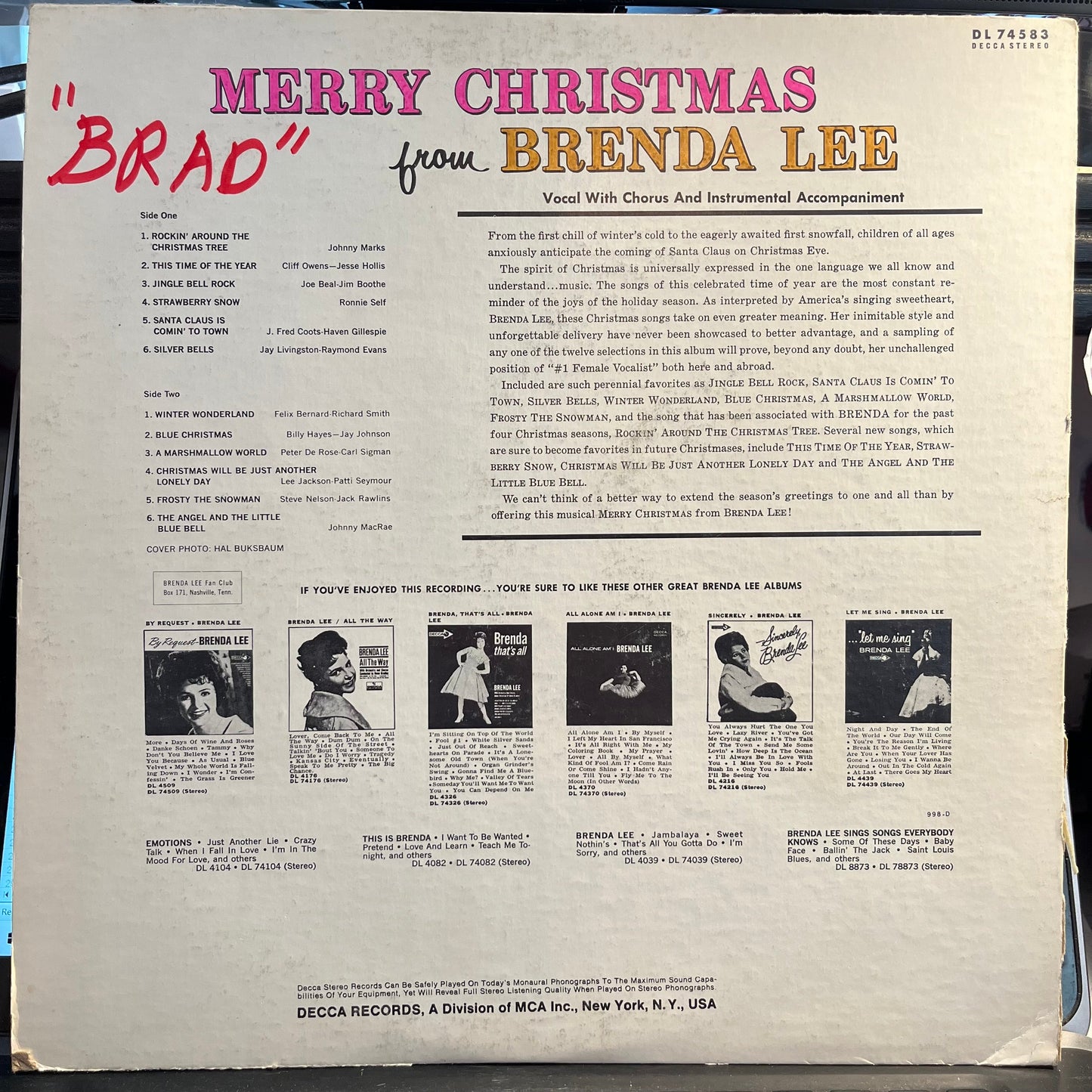 Merry Christmas From Brenda Lee (VINYL) | Excellent (EX) Very Good (VG) Get Cheap Vinyl