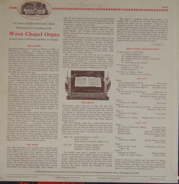 A Concert Of Eighteenth-Century Music Performed By J. S. Darling On The Wren Chapel Organ At The College Of William And Mary In Virginia | Near Mint (NM) Very Good Plus (VG+) Get Cheap Vinyl