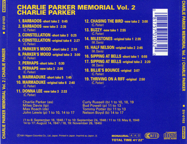 Charlie Parker Memorial Vol. 2 (CD) | Near Mint (NM or M-) Good Plus (G+) Get Cheap Vinyl