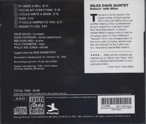 Relaxin' With The Miles Davis Quintet (CD) | Near Mint (NM) Excellent+ (EX+) Get Cheap Vinyl