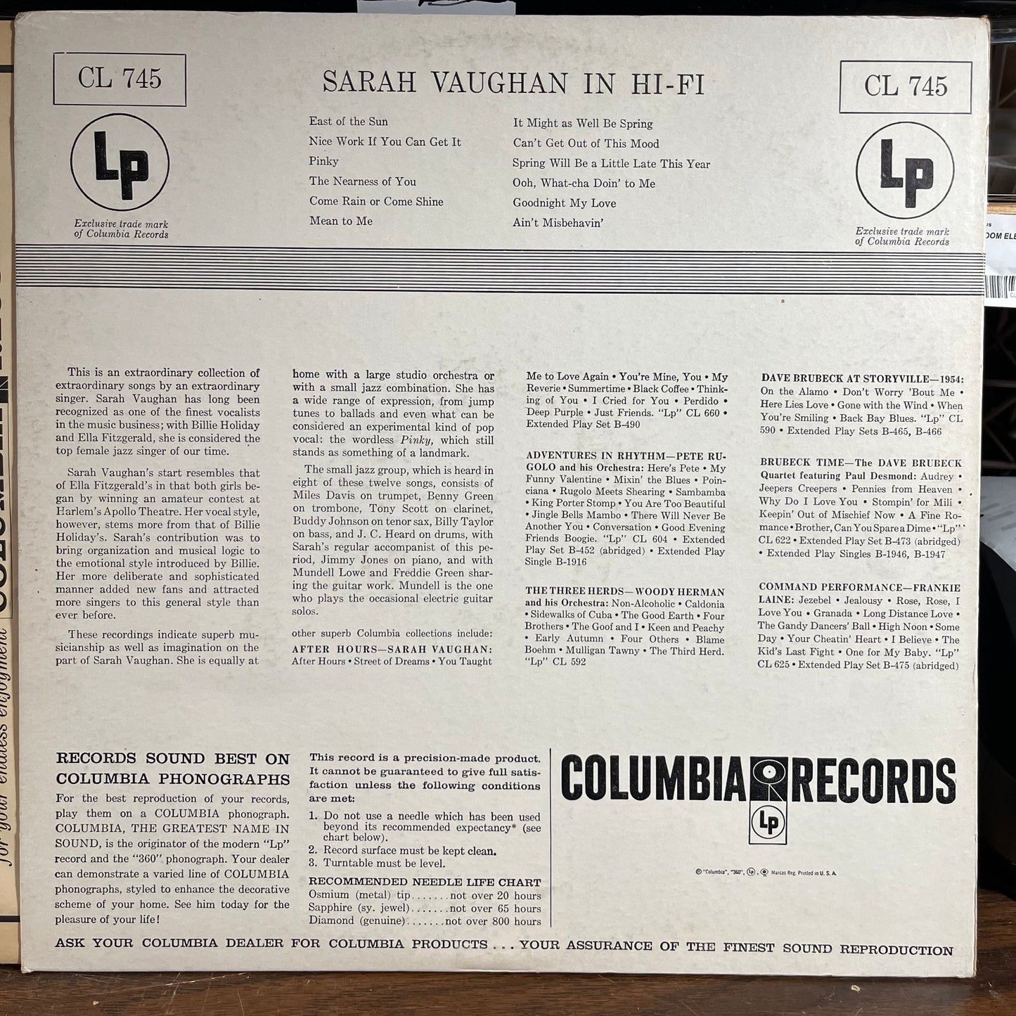 Sarah Vaughan In Hi-Fi (VINYL) | Very Good (VG) Excellent (EX) Get Cheap Vinyl
