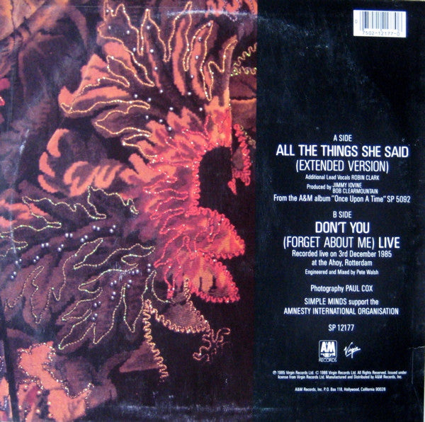 All The Things She Said / Don't You (Forget About Me) Live (VINYL) | Excellent (EX) Near Mint (NM) Get Cheap Vinyl