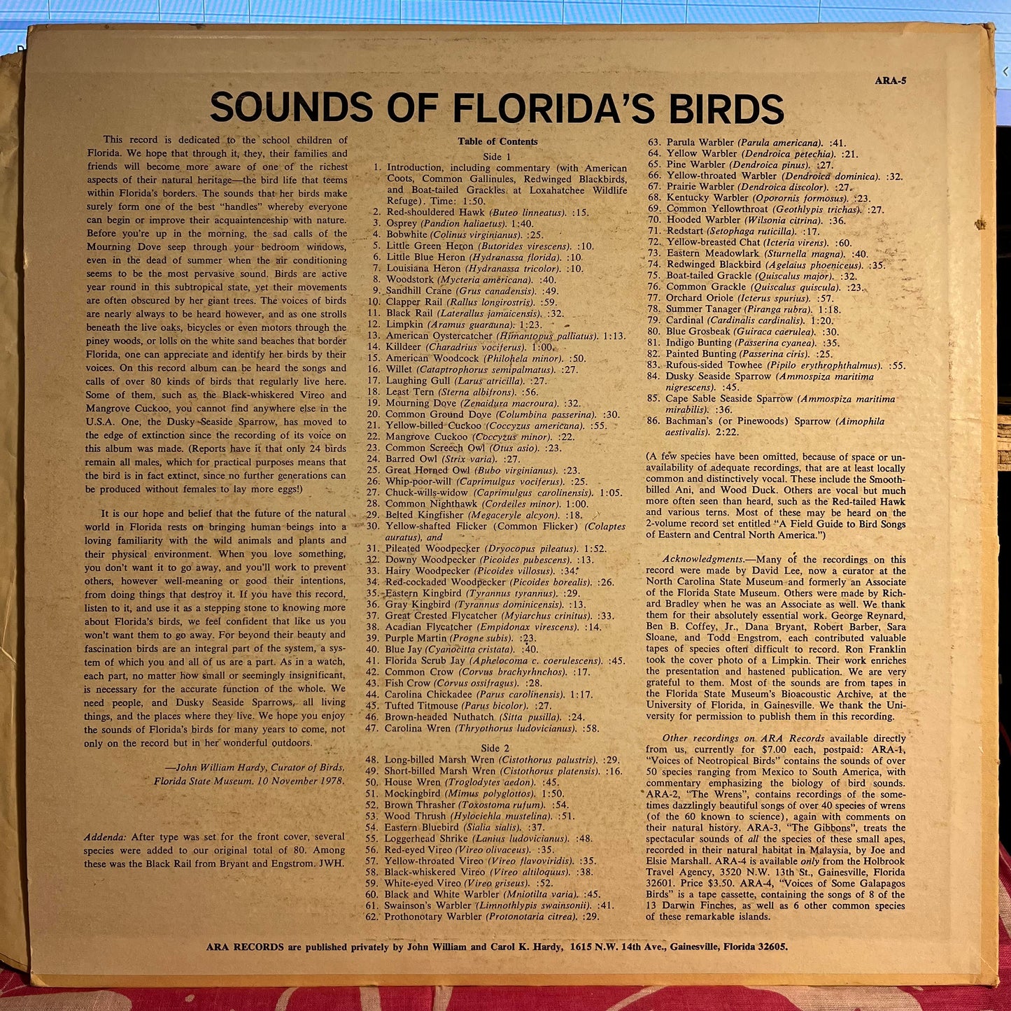 Sounds Of Florida's Birds | Very Good Plus (VG+) Excellent (EX) Get Cheap Vinyl