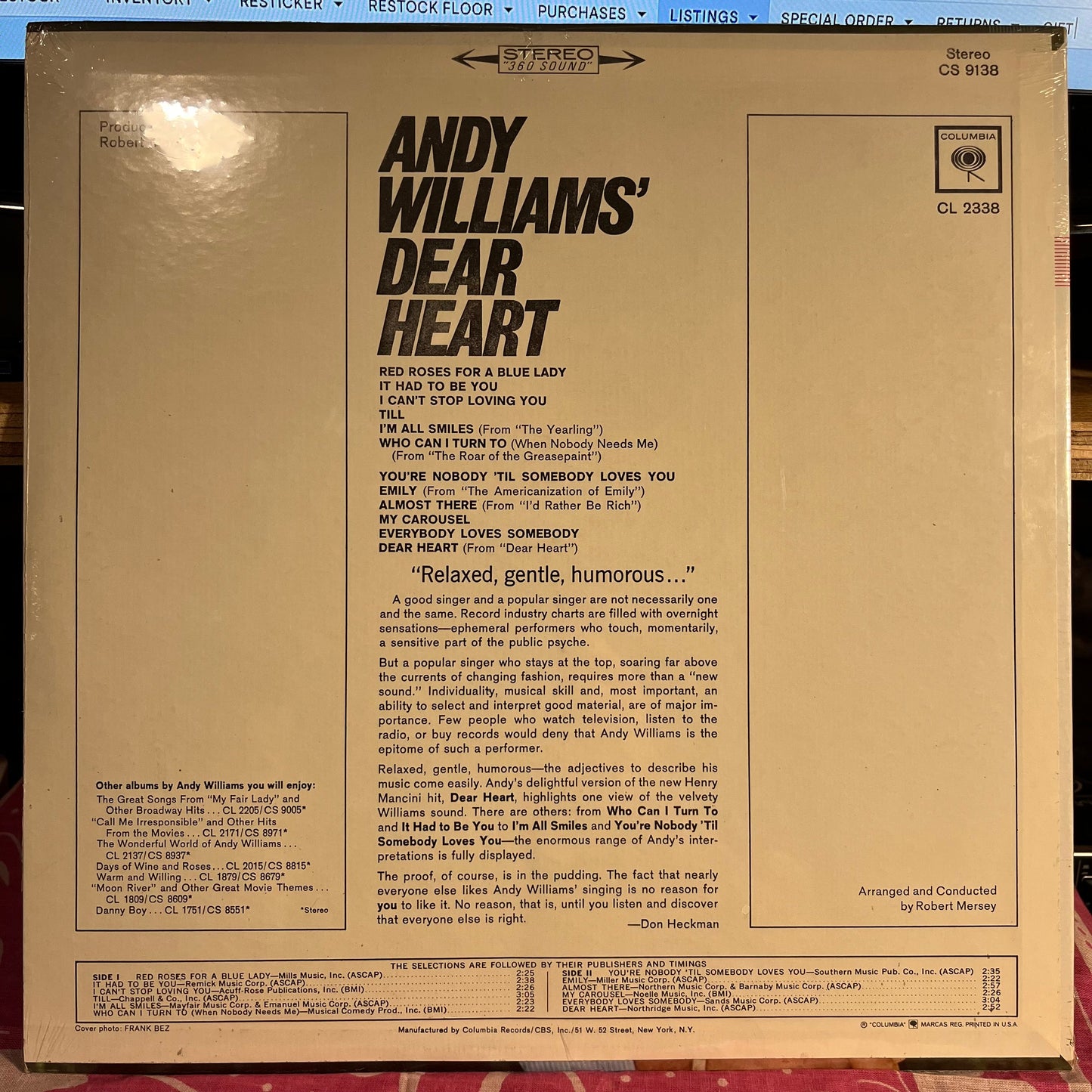 Andy Williams' Dear Heart | Mint (M) Near Mint (NM) Get Cheap Vinyl