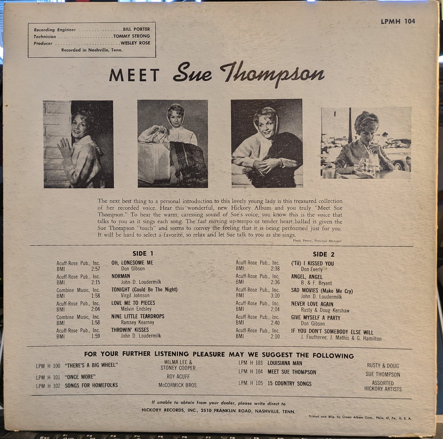 Meet Sue Thompson | Very Good Plus (VG+) Excellent (EX) Get Cheap Vinyl