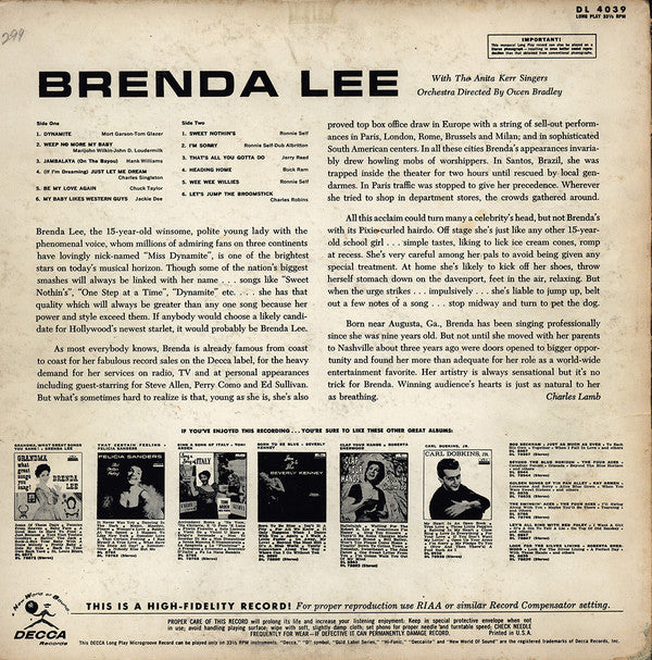 Brenda Lee *GLOVERSVILLE* | Good Plus (G+) Very Good (VG) Get Cheap Vinyl