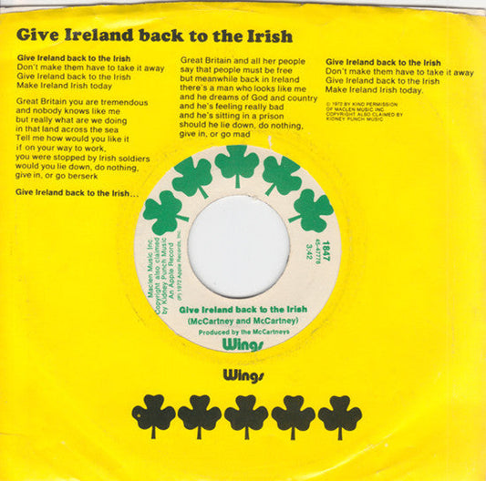 Give Ireland Back To The Irish (7" VINYL) | Near Mint (NM or M-) Very Good Plus (VG+) Get Cheap Vinyl