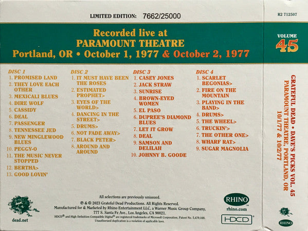 Dave's Picks, Volume 45 (4xCD)(Paramount Theatre, Portland, OR • 10/1-2/77) | Mint (M) Near Mint (NM) Get Cheap Vinyl