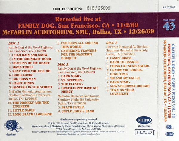 Dave's Picks, Volume 43 (3xCD)(San Francisco, 11/2/69 • Dallas, 12/26/69) | Mint (M) Near Mint (NM) Get Cheap Vinyl