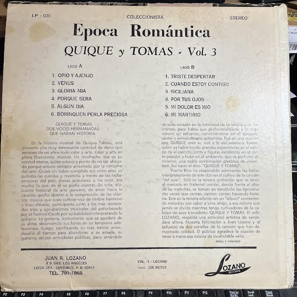 Epoca Romantica Con Quique y Tomas Vol 3 (VINYL) | Very Good Plus (VG+) Very Good (VG) Get Cheap Vinyl